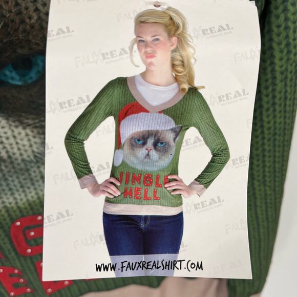 Faux Real Jingle Hell Grumpy Cat Photo Ugly Christmas Print Shirt Womens Sz L - Picture 2 of 8